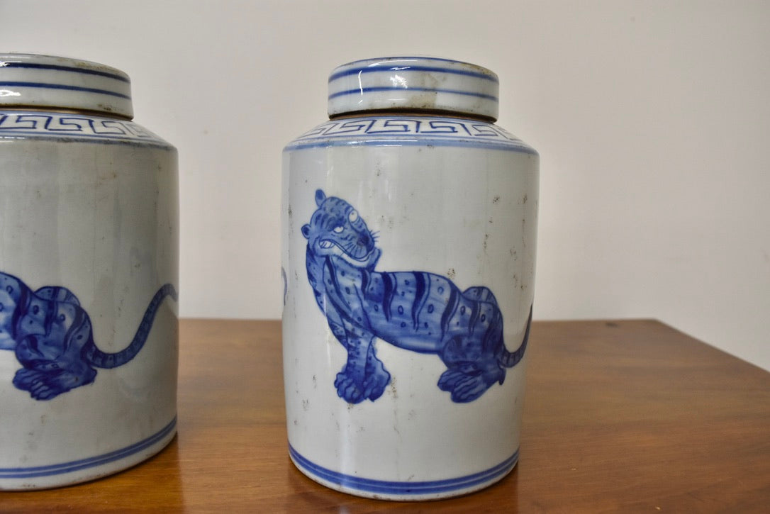 Pair of Small Blue and White Jars