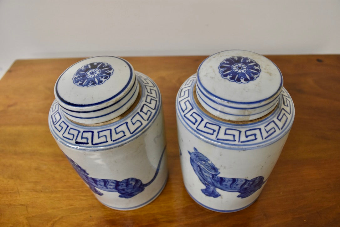 Pair of Small Blue and White Jars