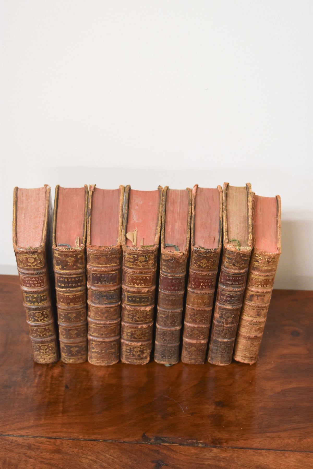 Set of 8 Antique Leatherback Books with Metallic Floral Spine