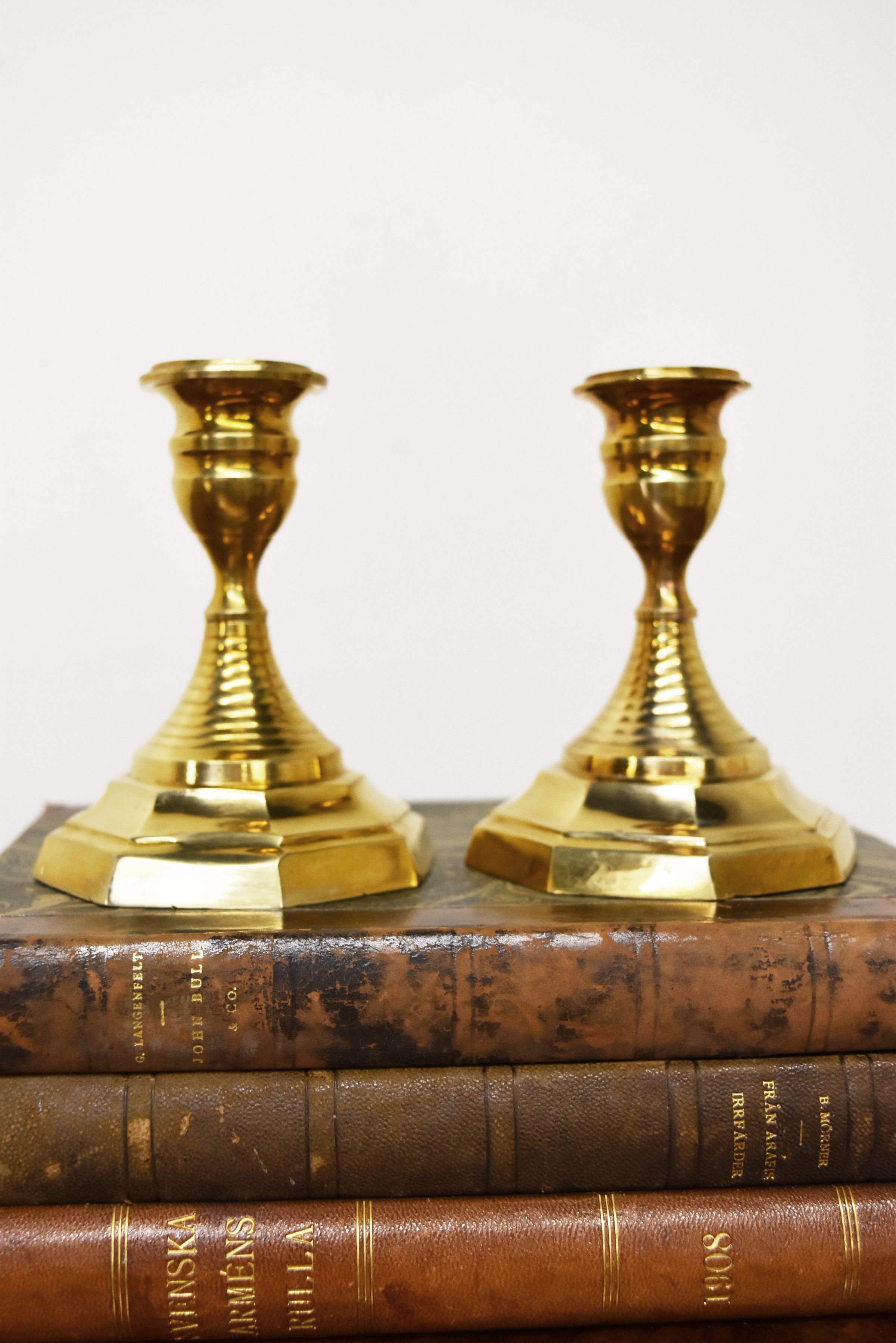 Pair of Brass Hexagonal Base Candlestick Holders