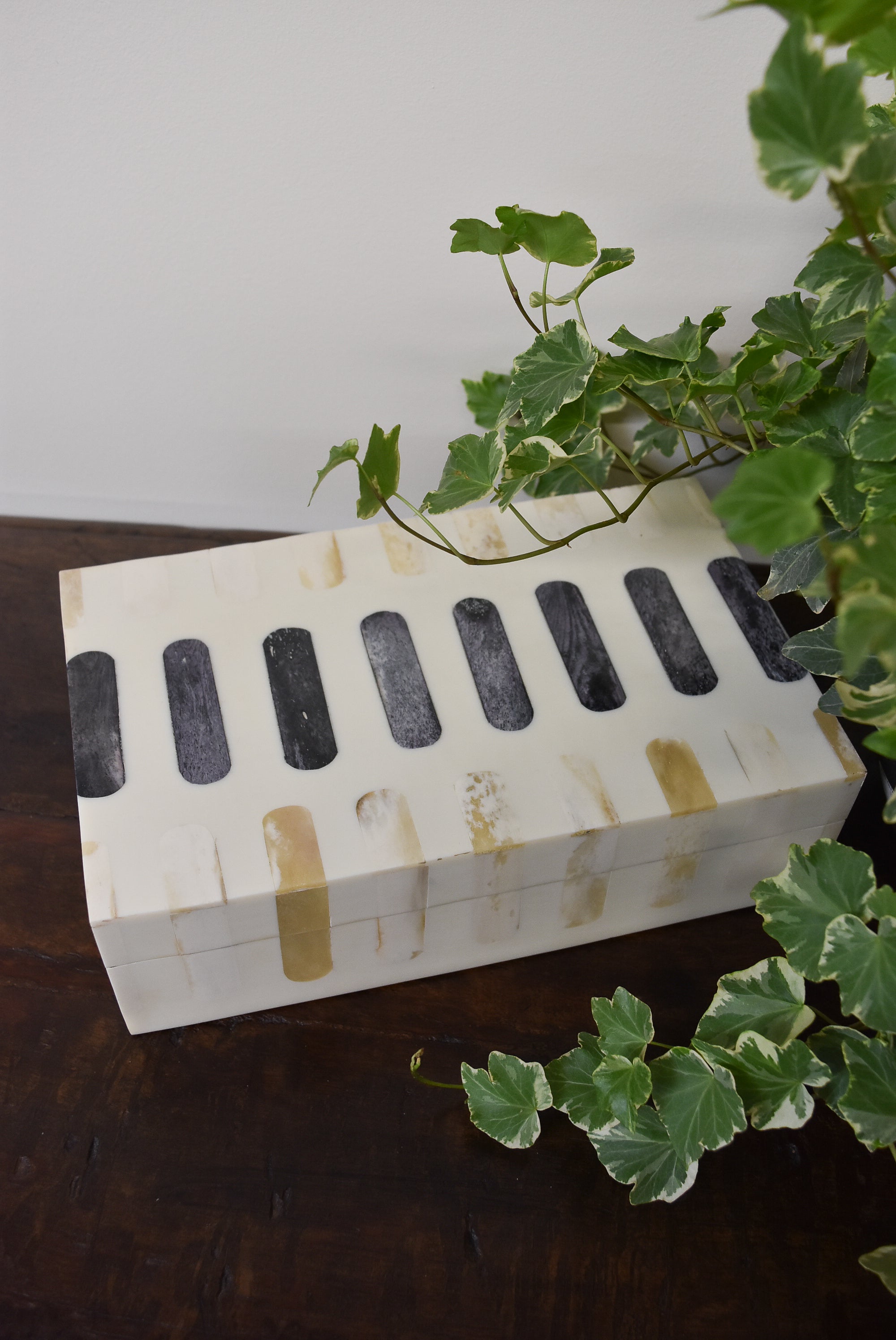Small Gray and White Bone Box - Cylindrical Inlay