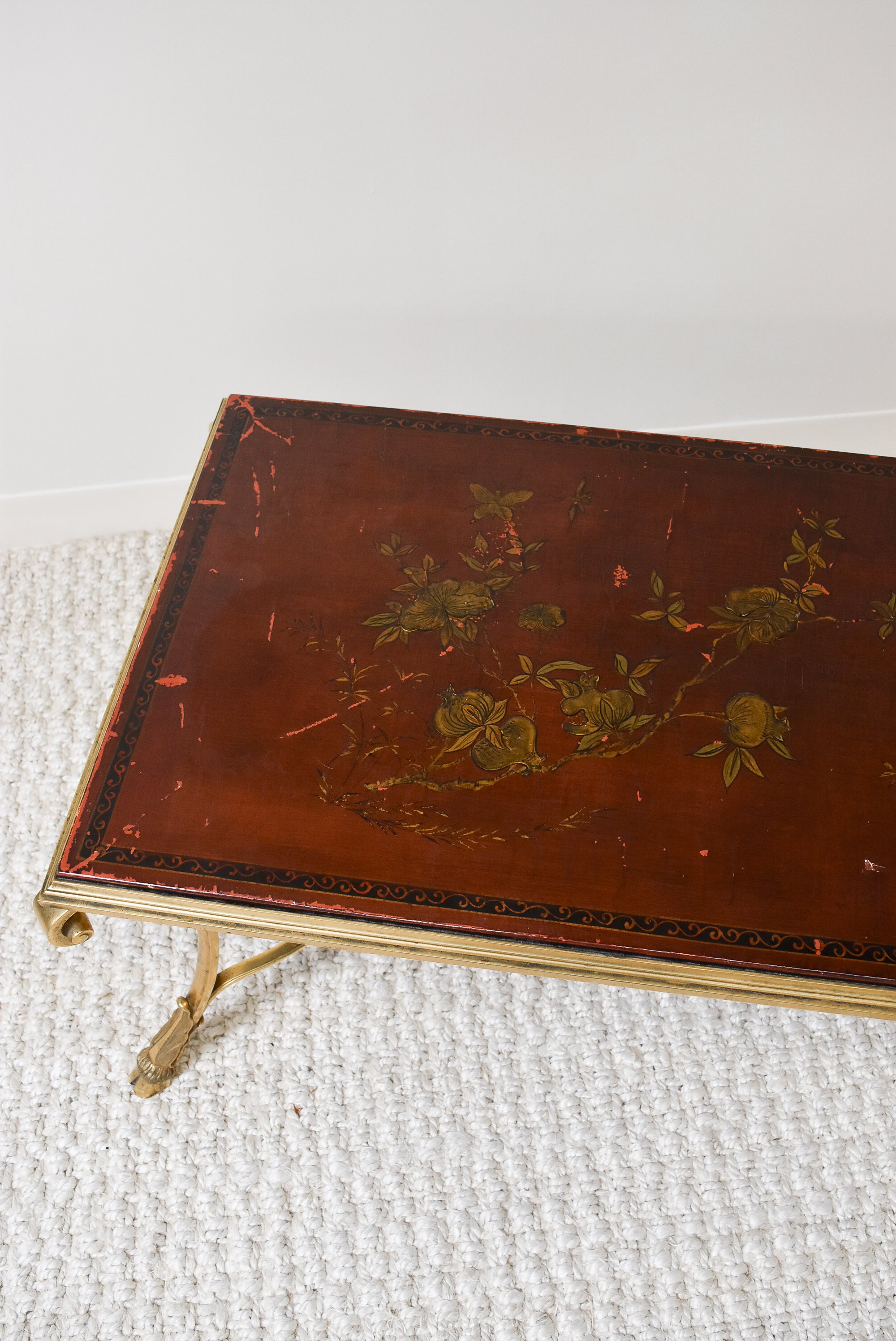 Maison Jansen Bronze Coffee Table with Red Chinoiserie Top