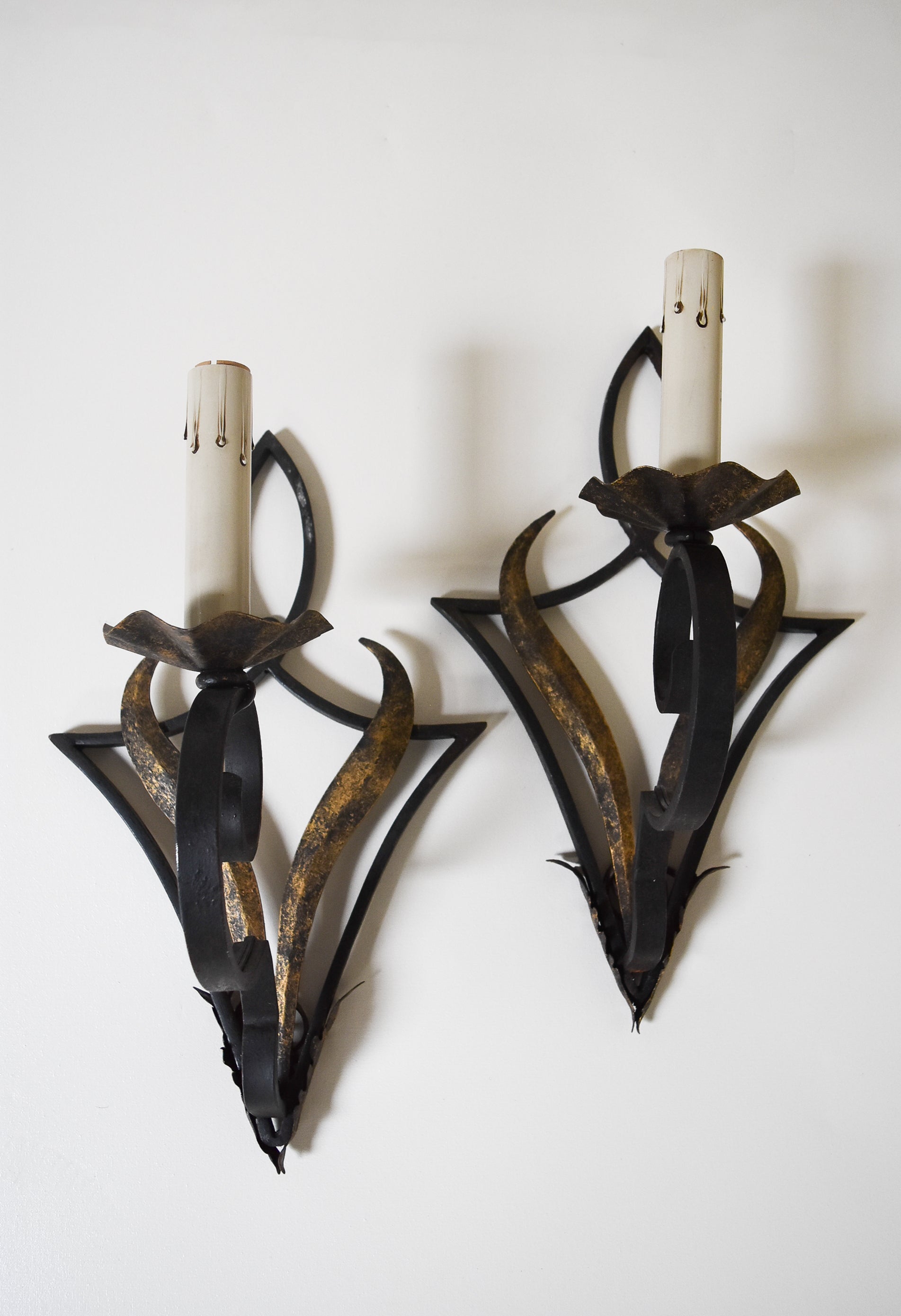 Pair of French Iron Geometric Motif Sconces
