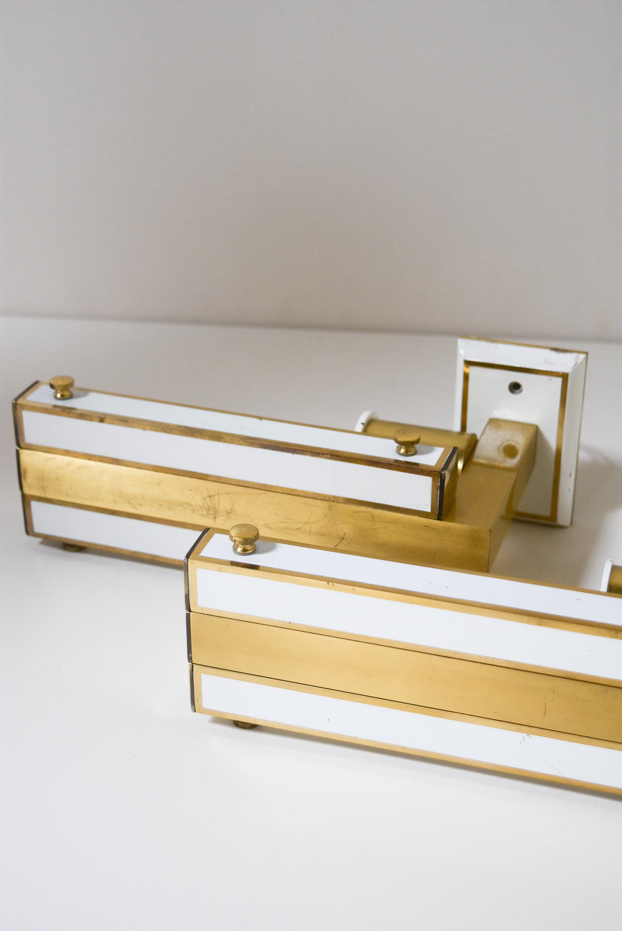 Pair of Mid Century French Brass and White Lacquer Sconces