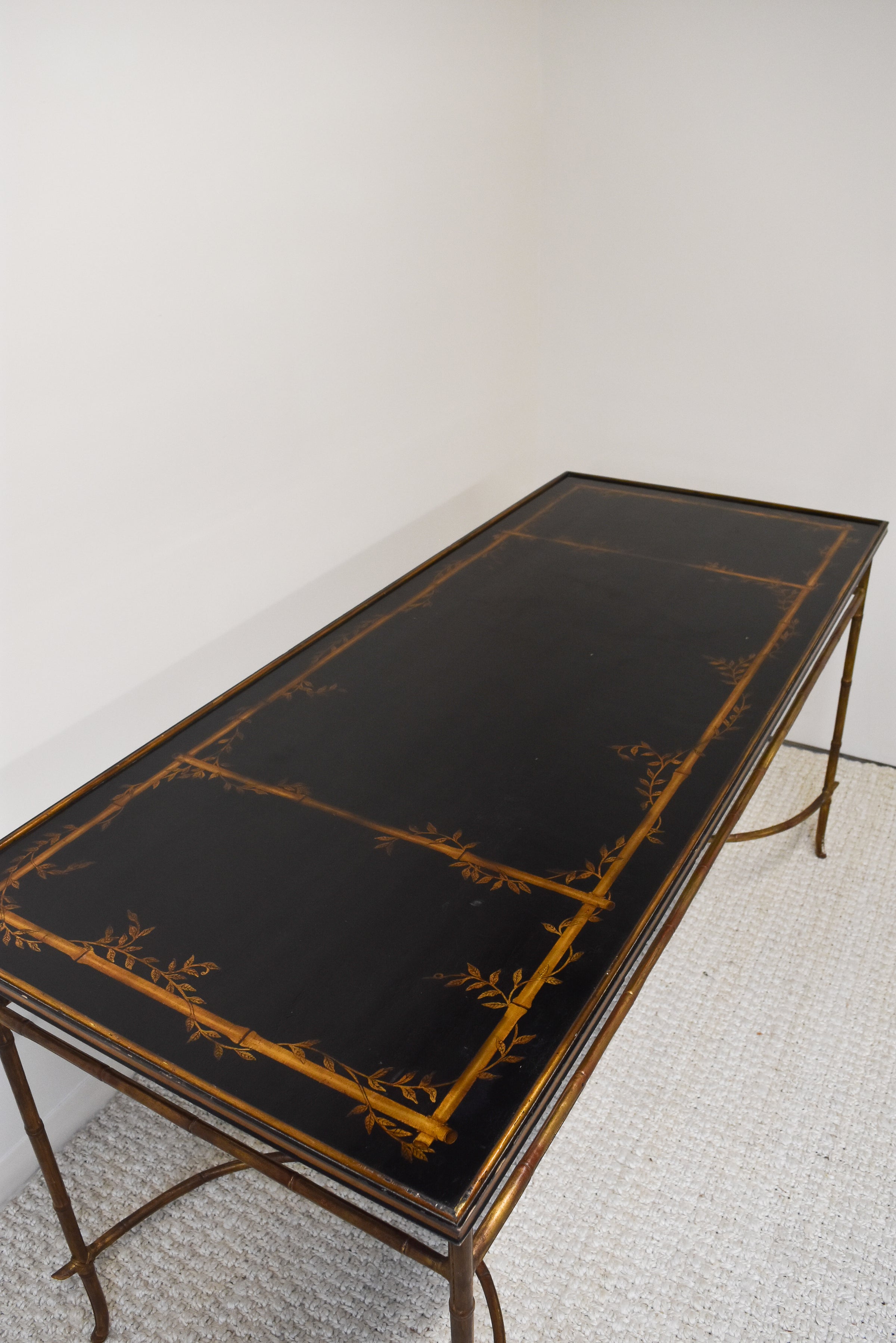 Large Console Table with Faux Bamboo Base and Lacquered Chinoiserie Top
