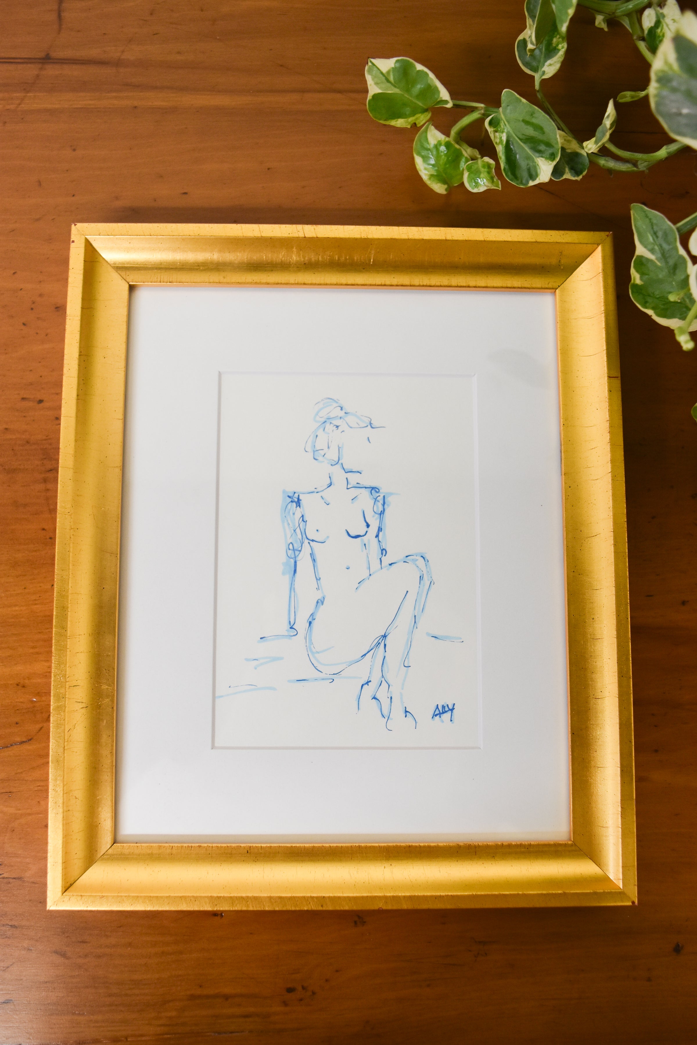 Large Framed Blue Nude Sketch