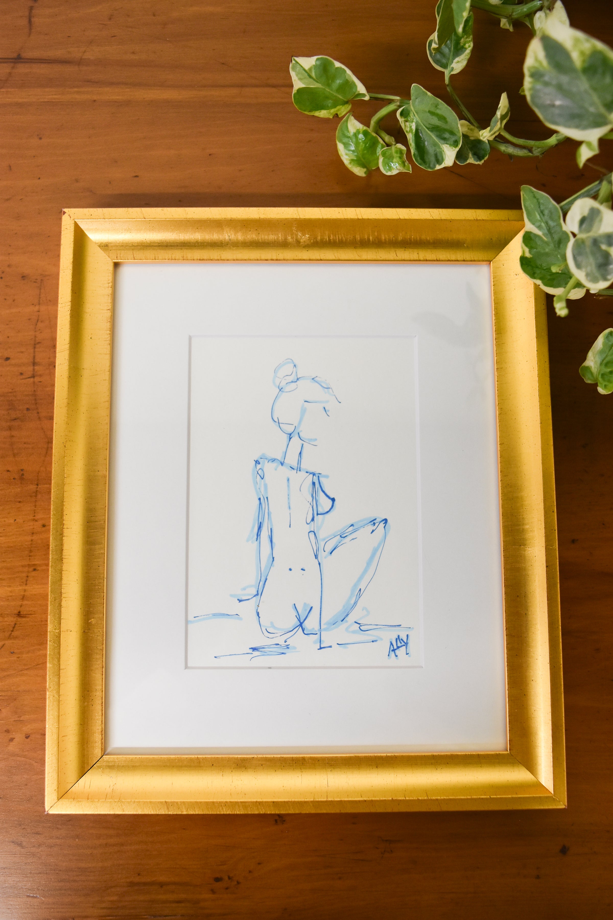 Large Framed Blue Nude Sketch
