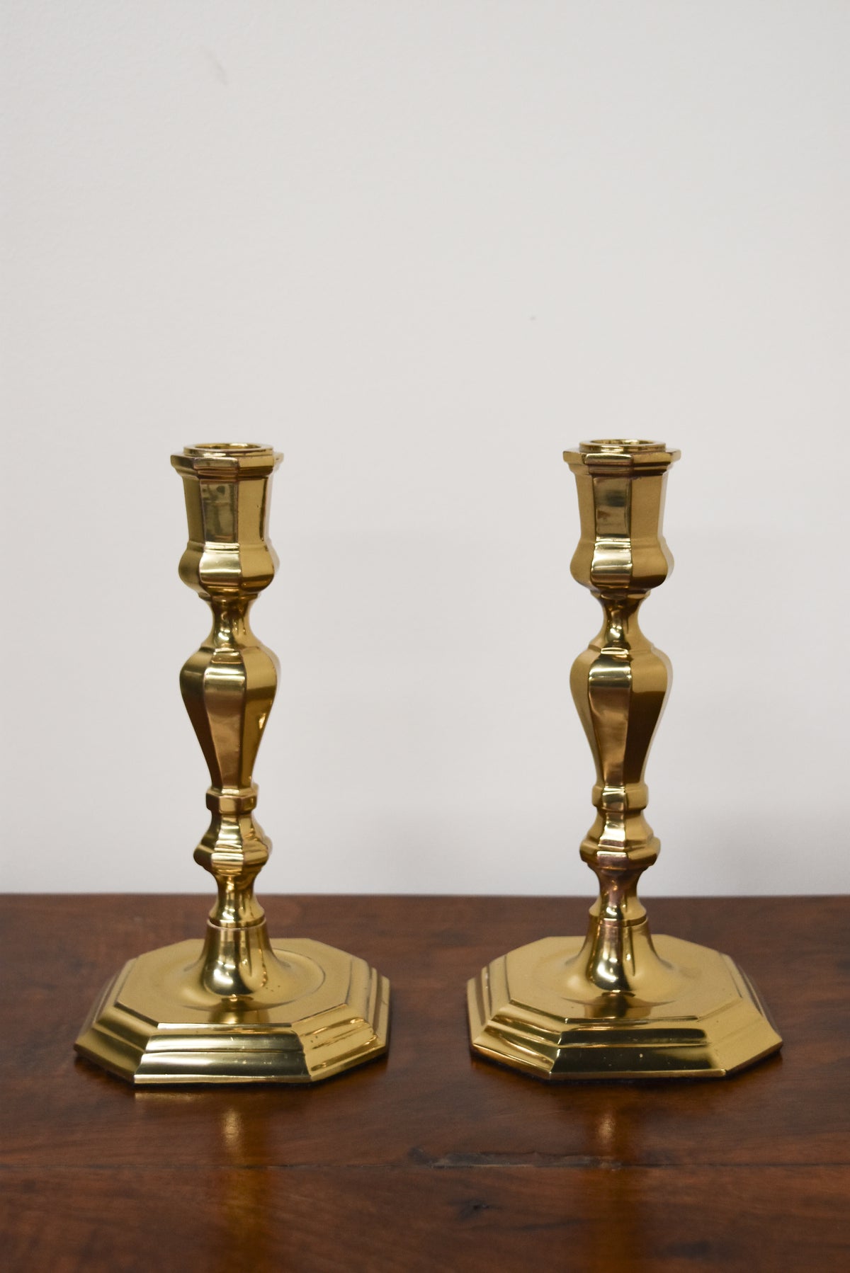 Pair of Mid Century Brass Candlesticks with Hexagon Base
