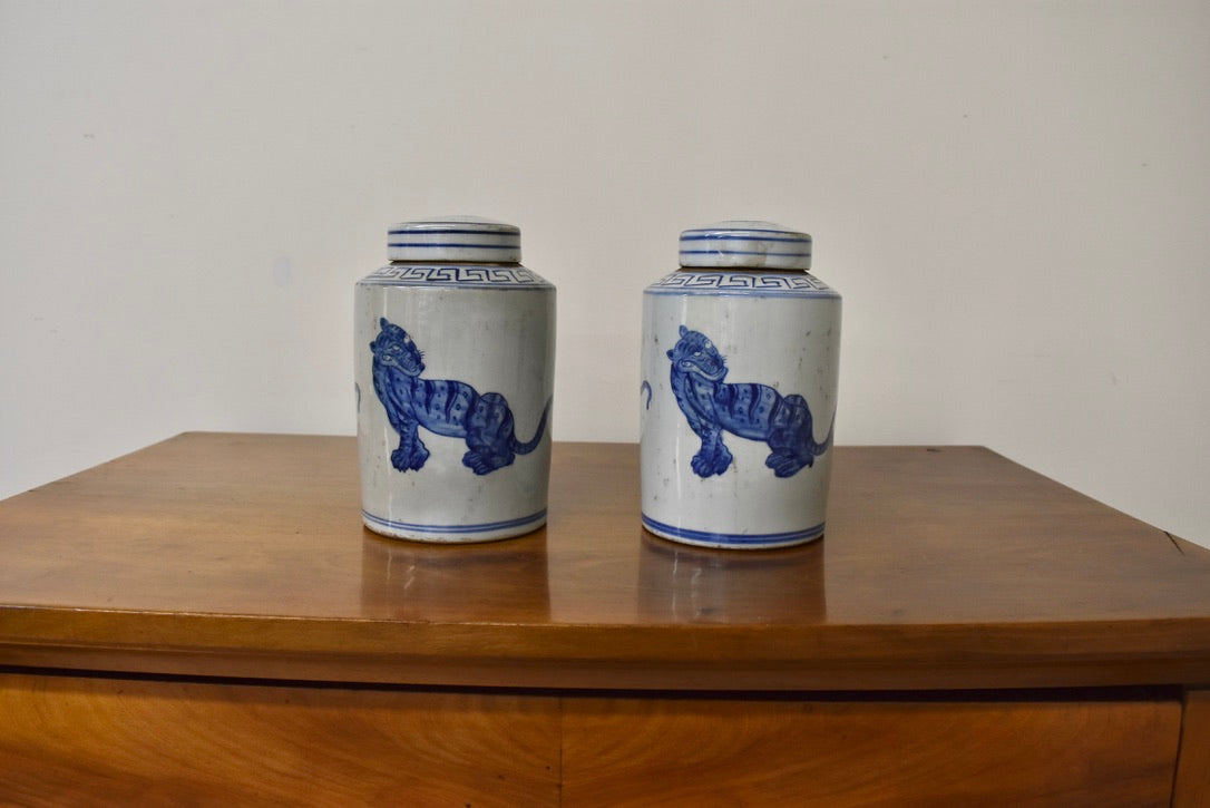 Pair of Small Blue and White Jars