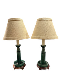 Pair of Small Green Porcelain Lamps with Shades