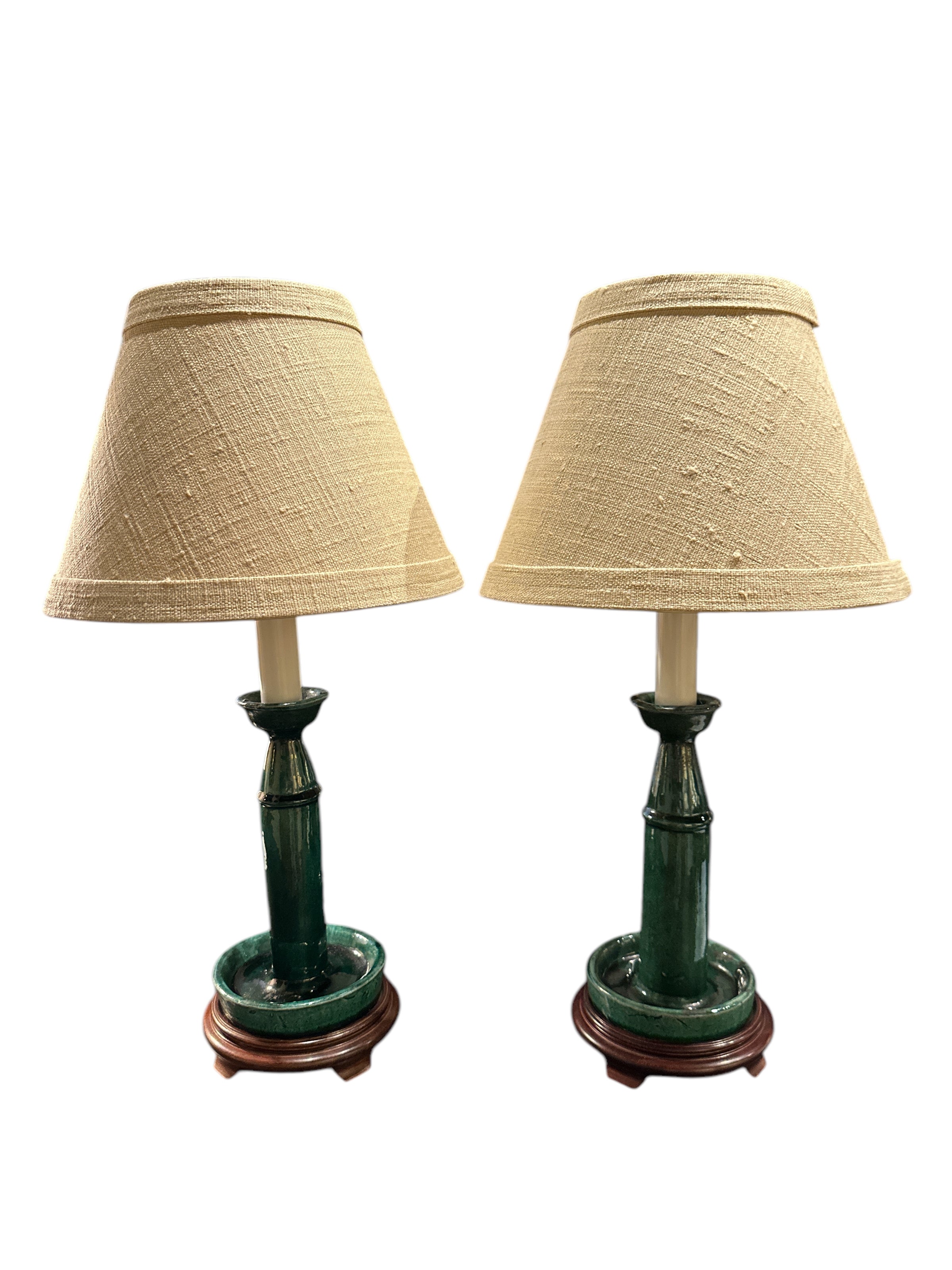 Pair of Small Green Porcelain Lamps with Shades