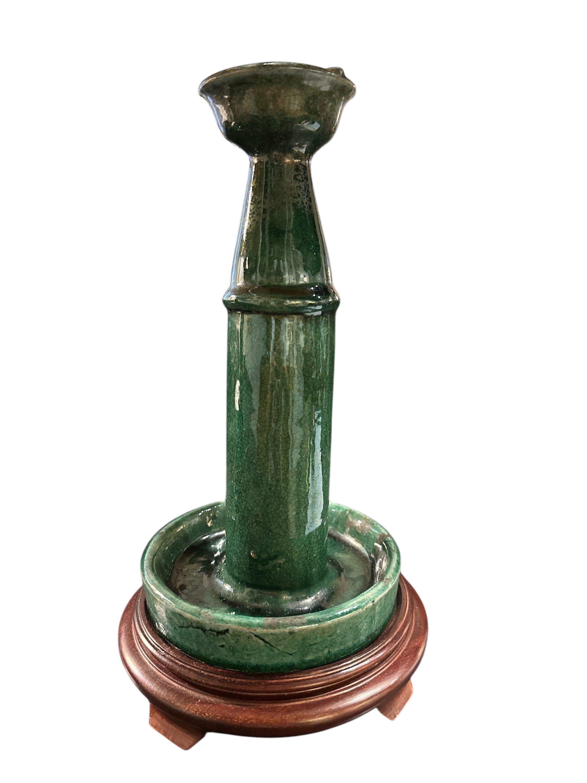Pair of Small Green Porcelain Lamps with Shades