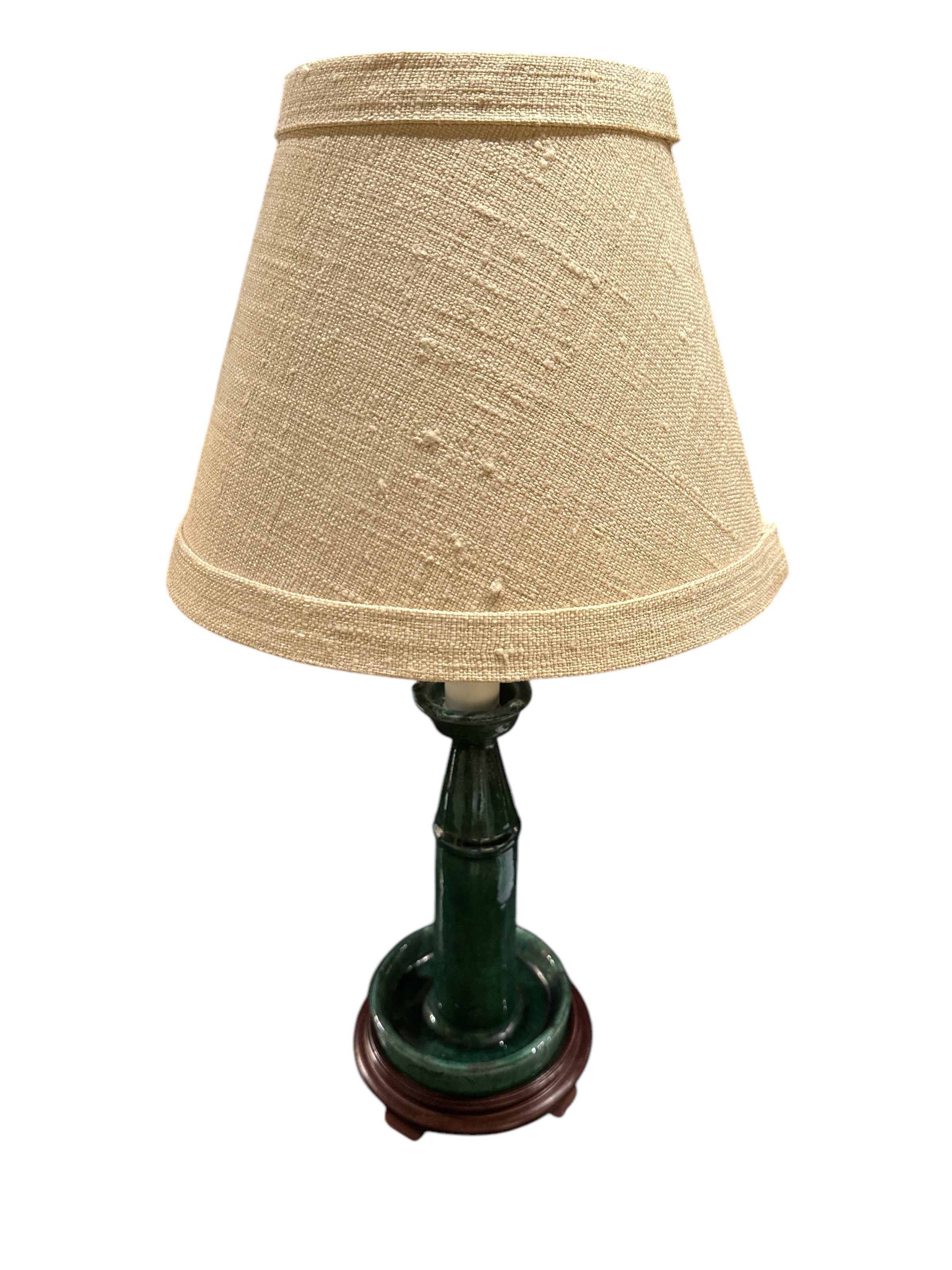 Pair of Small Green Porcelain Lamps with Shades