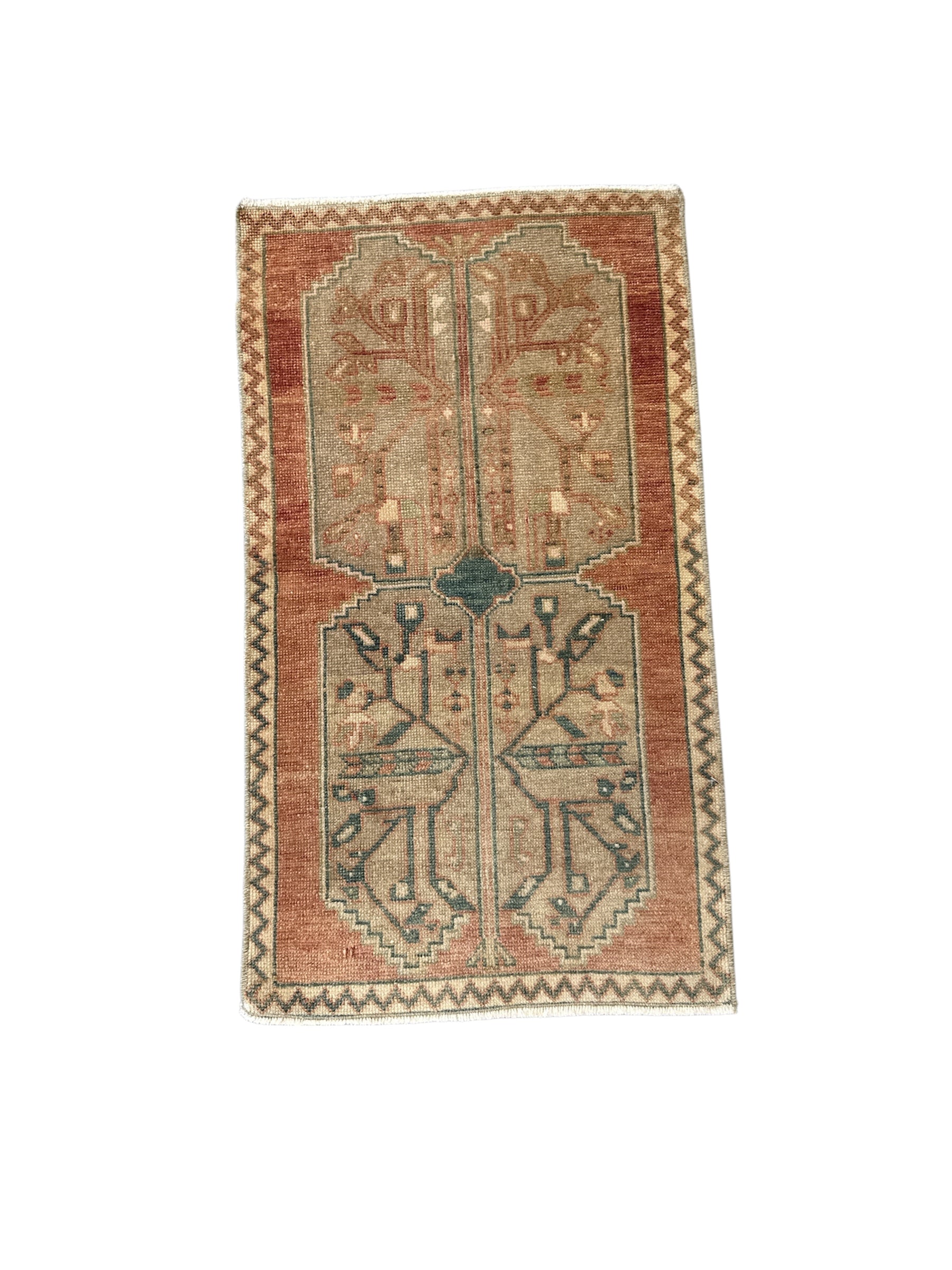 Terracotta and Teal Small Turkish Oushak Rug