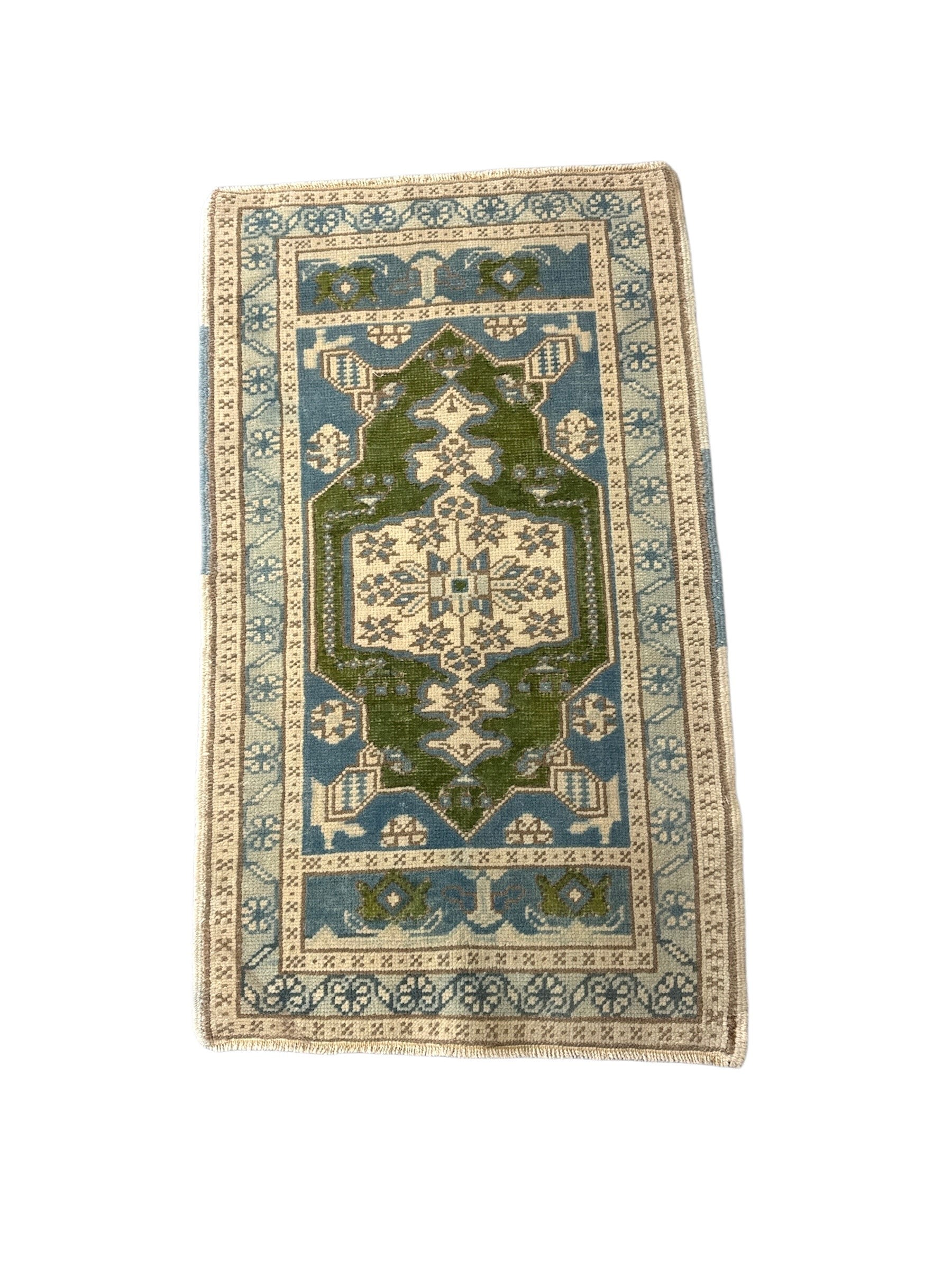 Blue and Olive Green Small Turkish Oushak Rug