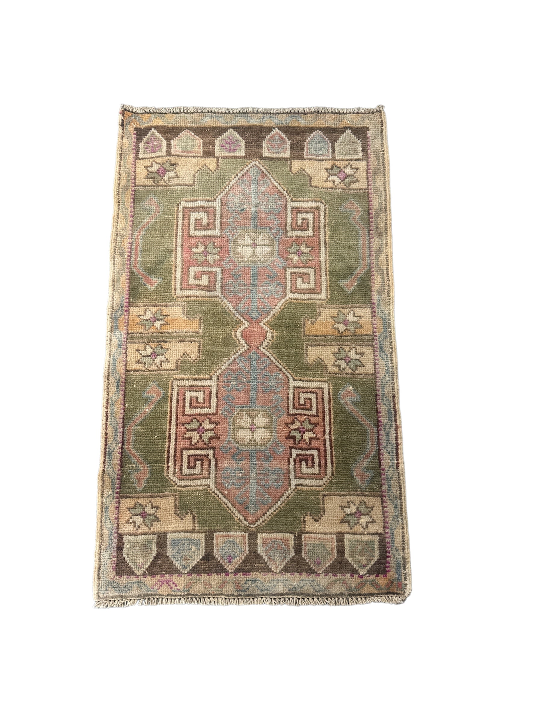 Olive, Rose, and Sky Blue Small Turkish Oushak Rug