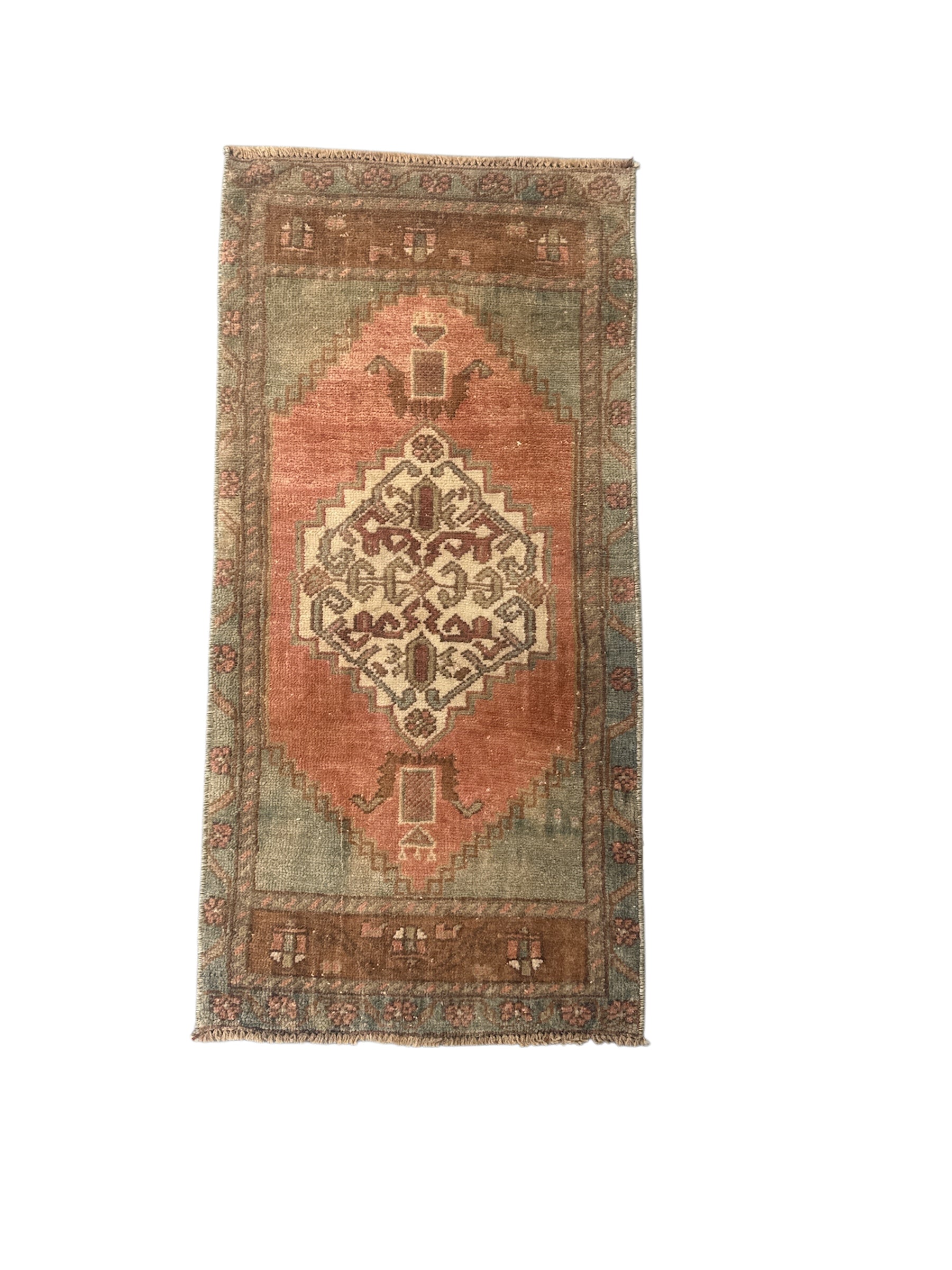 Rust, Sage, and Cream Small Turkish Oushak Rug