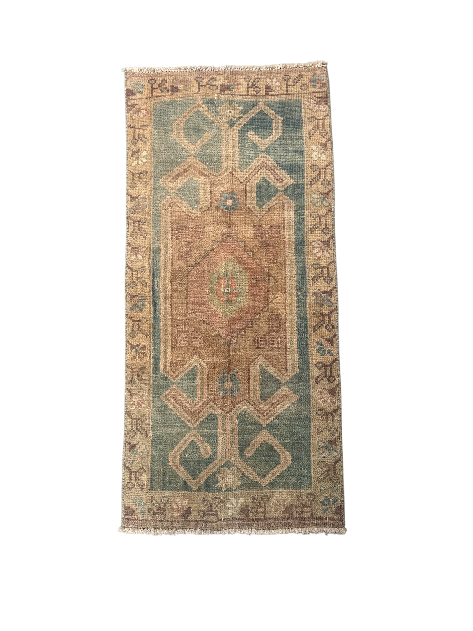 Sage, Clay, and Faded Blue Small Turkish Oushak Rug