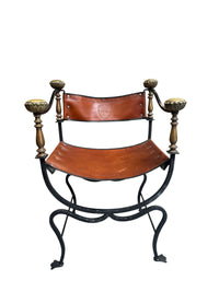 Pair of Black Iron and Brown Leather Curule Chairs with Crest