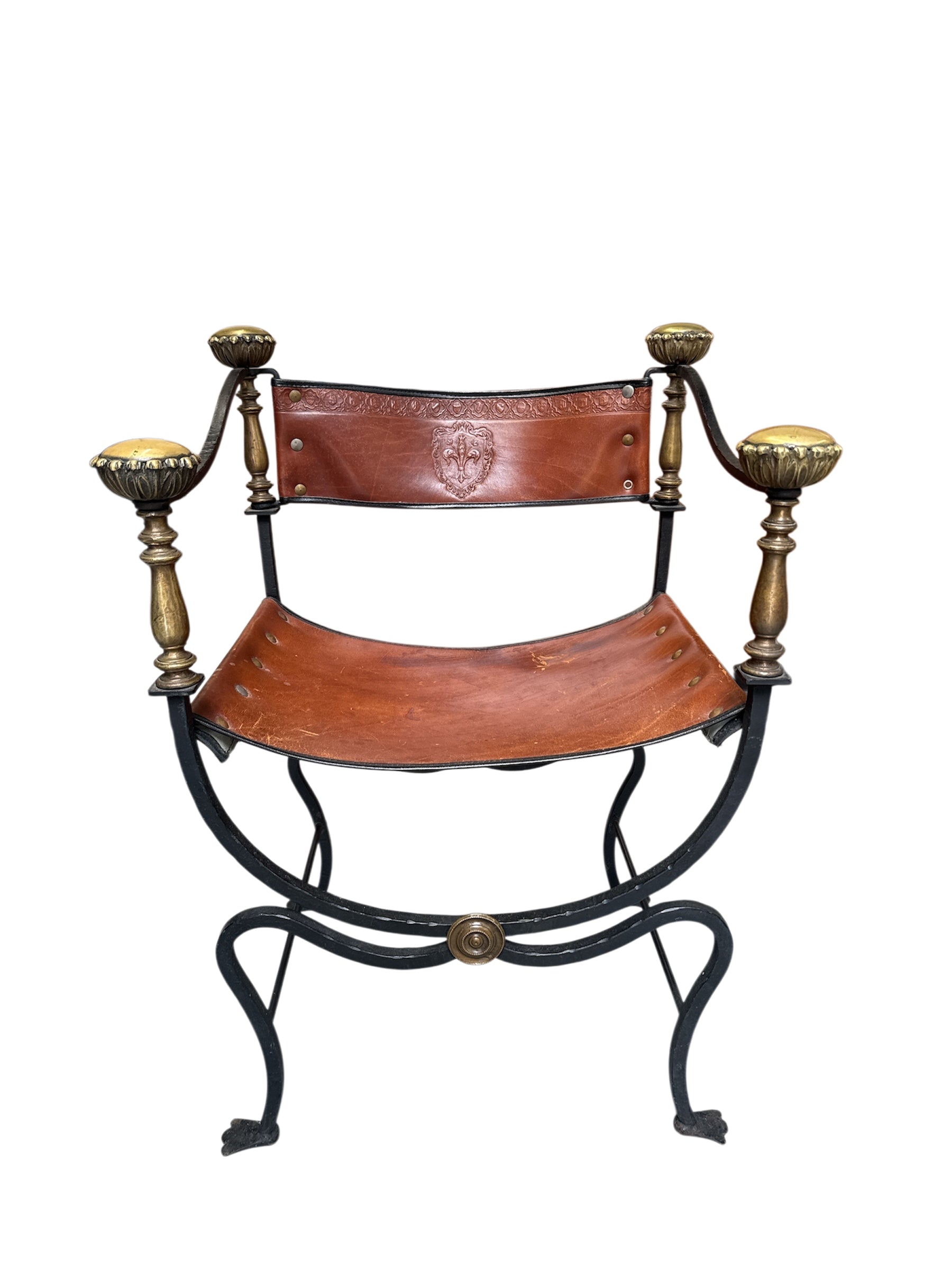 Pair of Black Iron and Brown Leather Curule Chairs with Crest