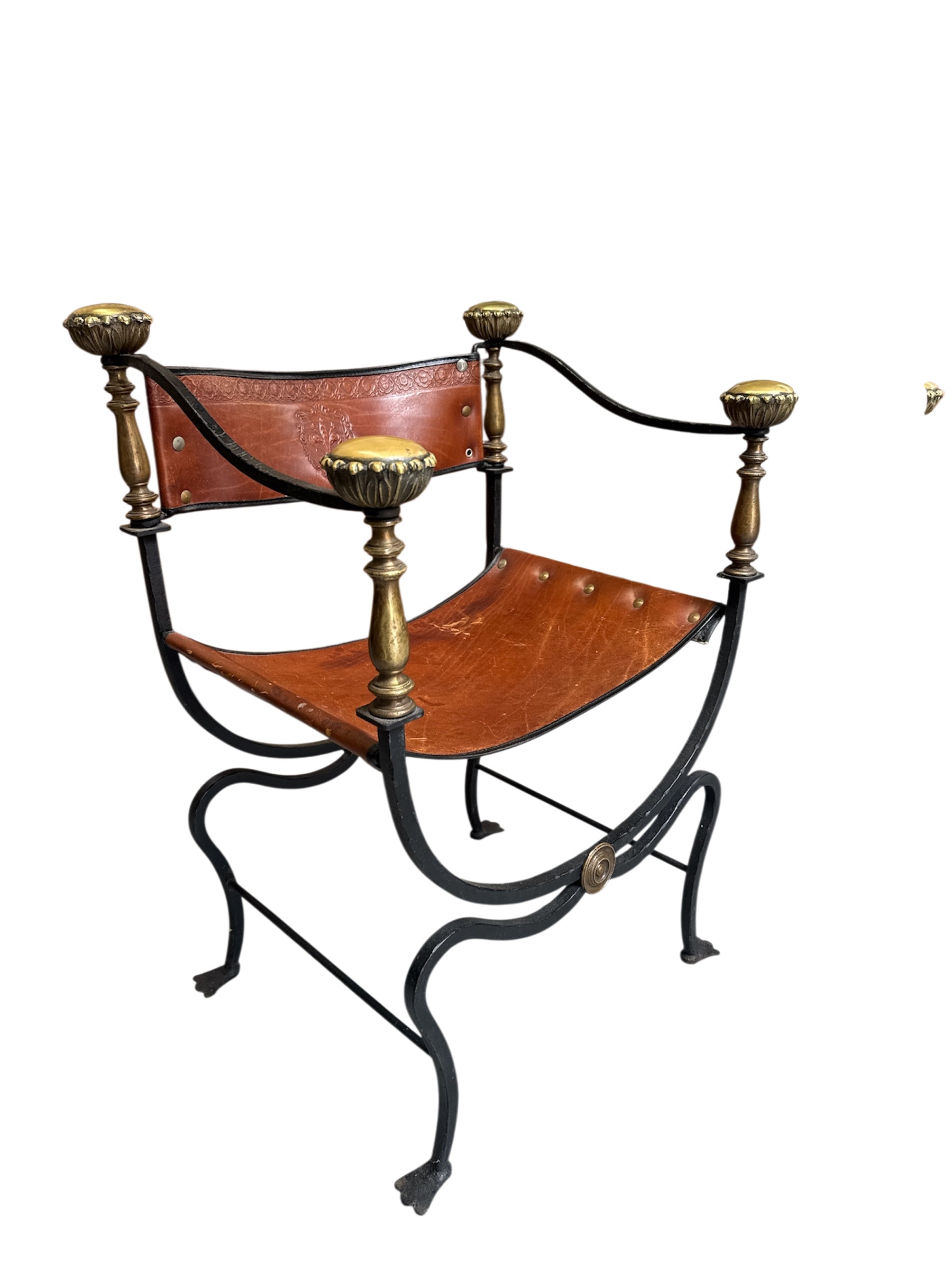 Pair of Black Iron and Brown Leather Curule Chairs with Crest