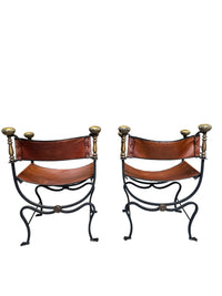 Pair of Black Iron and Brown Leather Curule Chairs with Crest