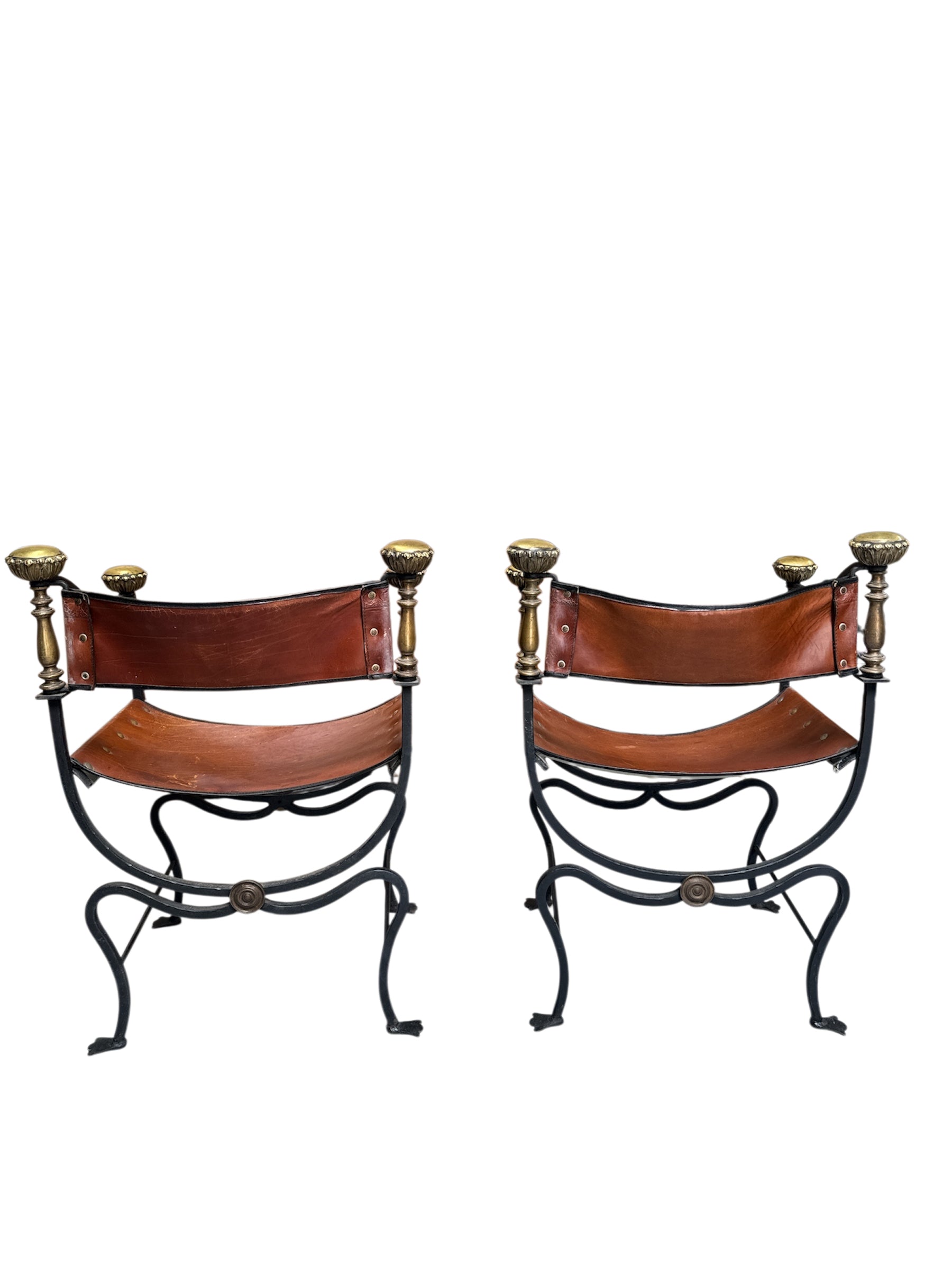 Pair of Black Iron and Brown Leather Curule Chairs with Crest