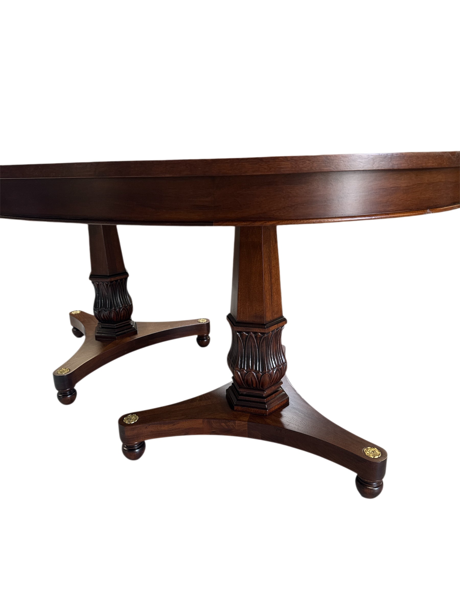 Vintage Baker Furniture Style Regency Walnut Double Pedestal Extension Oval Dining Table