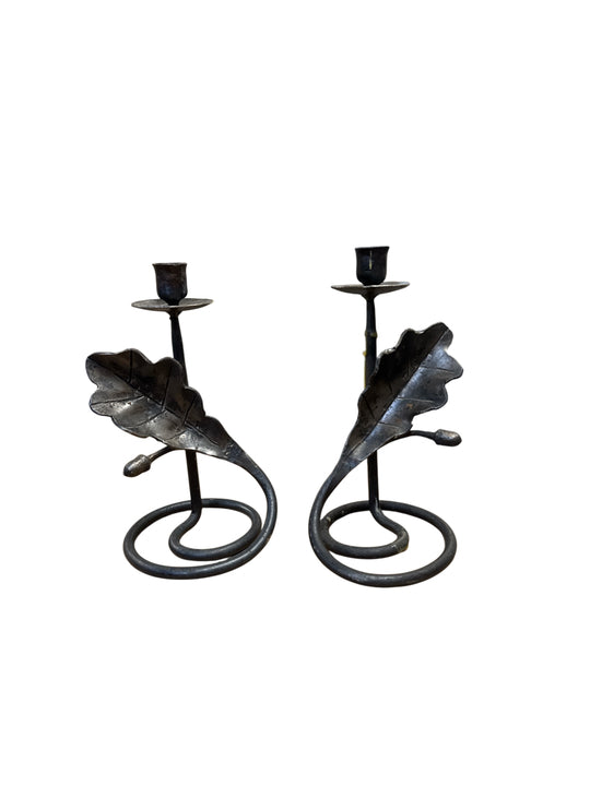 Pair of Iron Oak Leaf and Acorn Candlesticks