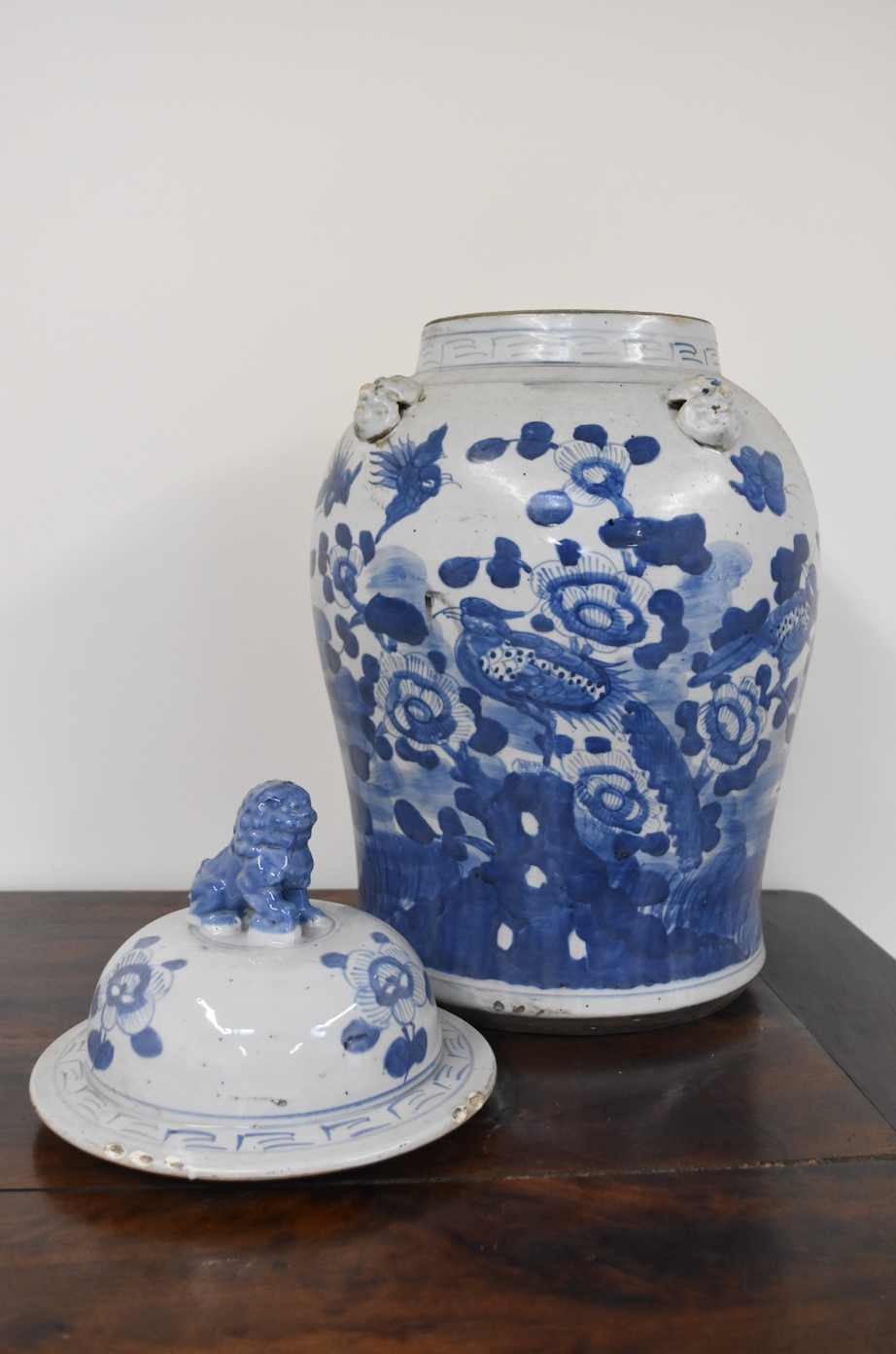 Large Blue and White Flower Motif Ginger Jar