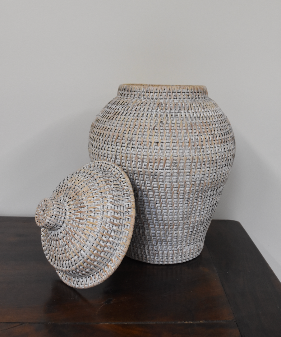 White Washed Wicker Ginger Jar