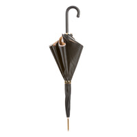 Tartan-Lined Black Umbrella with Leather Handle
