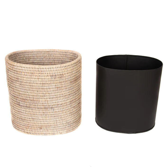 White Wash Round Waste Basket with Metal Liner