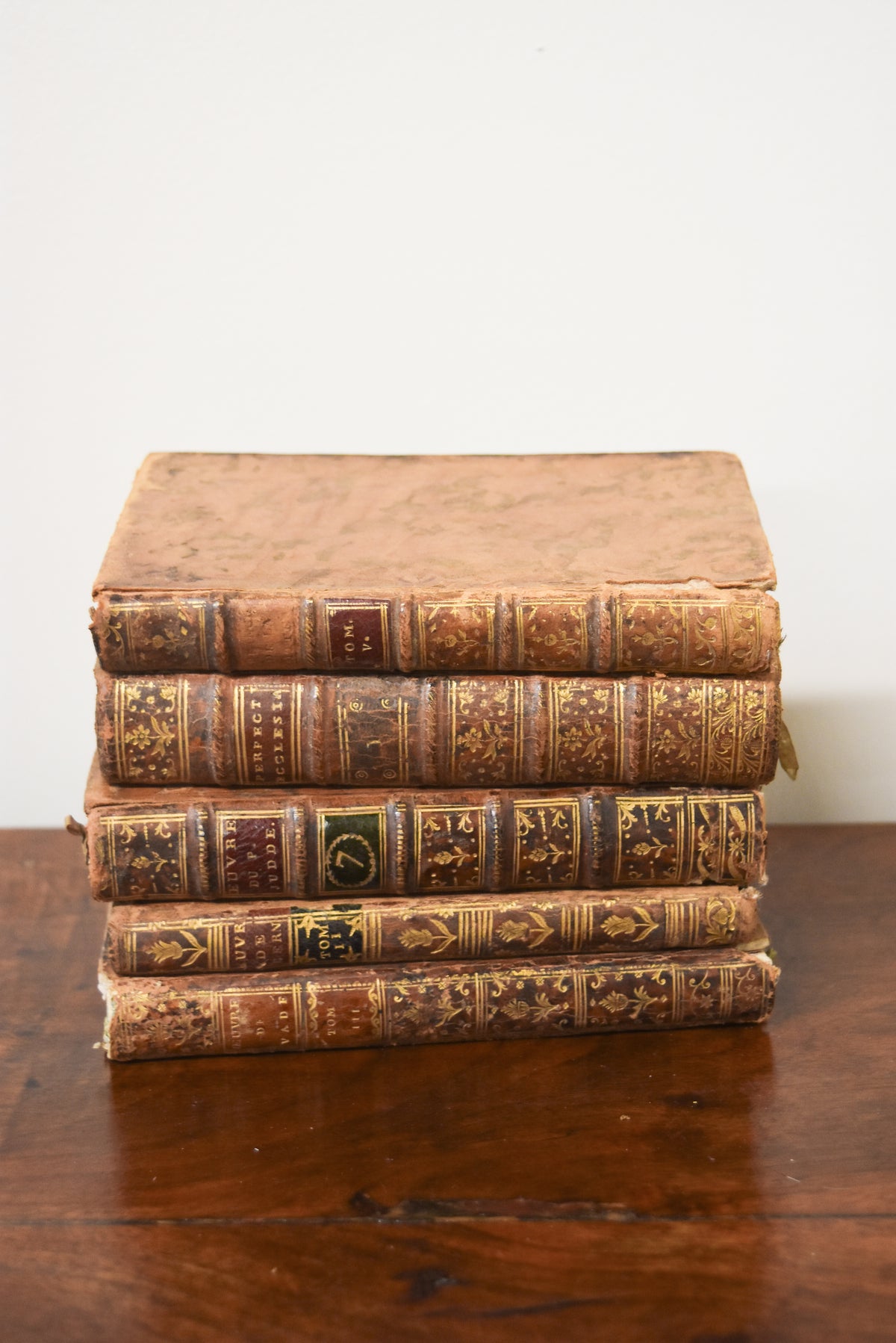 Set of 5 Antique Leatherback Books with Blue Marbleized Pages