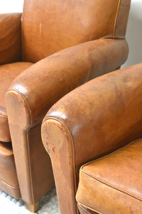 Pair of Brown 1940 French Moustache Back Leather Chairs