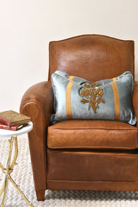 Turquoise Gold Embroidered Velvet Lumbar Pillow