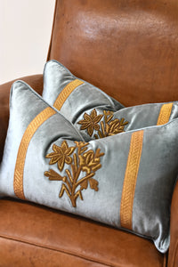 Turquoise Gold Embroidered Velvet Lumbar Pillow