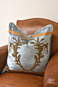 Pair of Turquoise Gold Embroidered Velvet Pillows