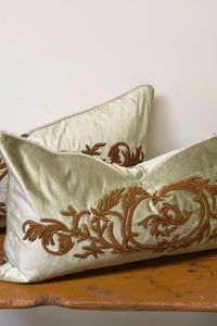 Pair of Green Embroidered Velvet Lumbar Pillows