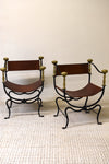 Pair of Italian Leather Curule Iron Chairs