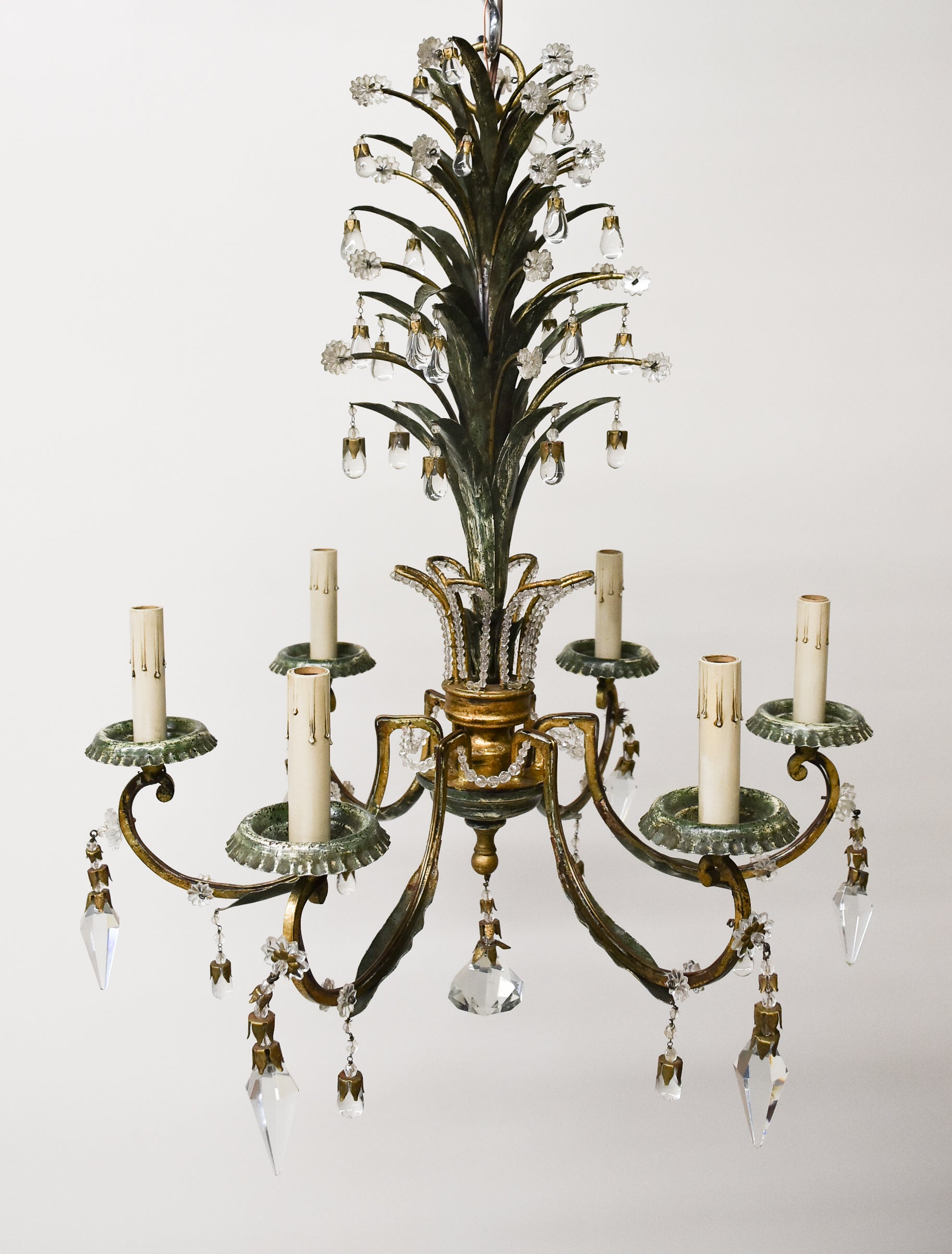 Maison Bagues Green Painted and Crystal Chandelier