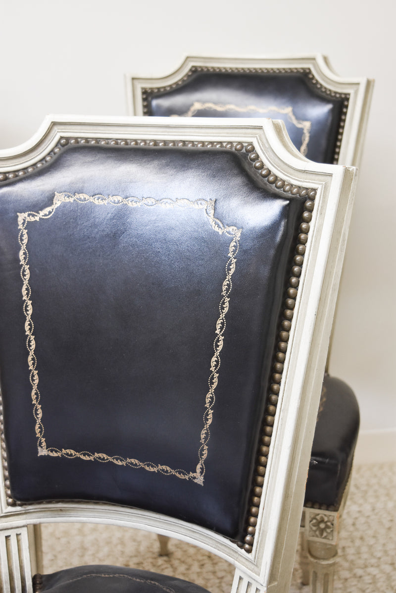 Set of 6 Painted Black Leather Upholstered Dining Chairs In the Louis XVI Style