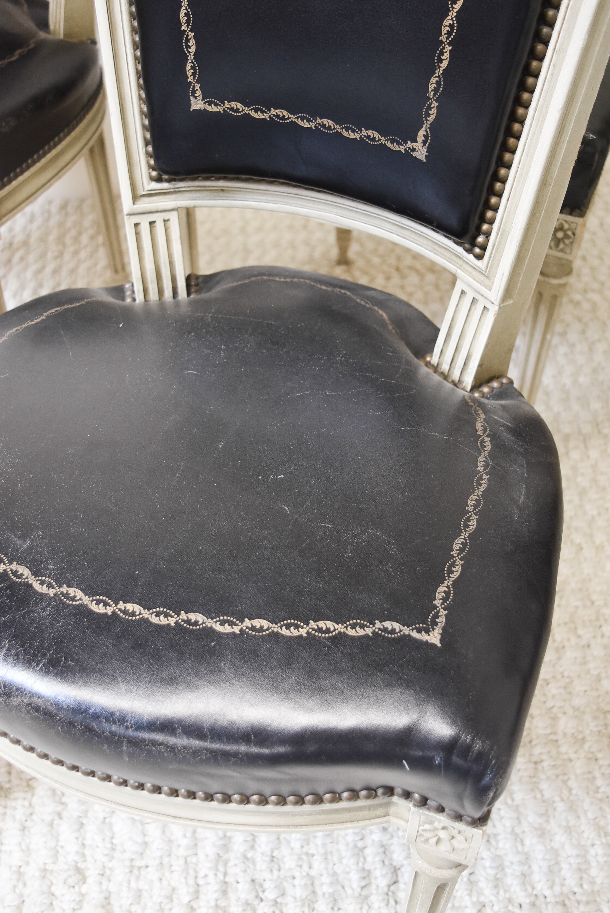 Set of 6 Painted Black Leather Upholstered Dining Chairs In the Louis XVI Style