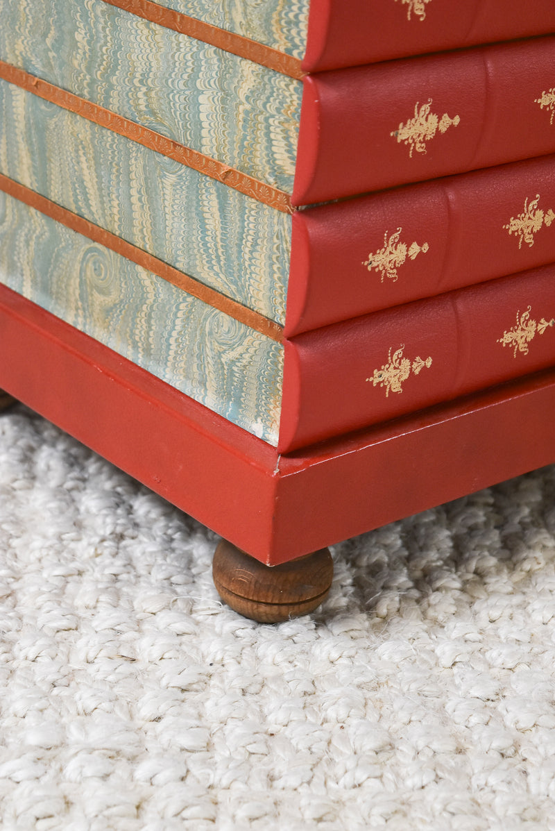 Vintage Italian Red Leather Embossed Book Box Side Table