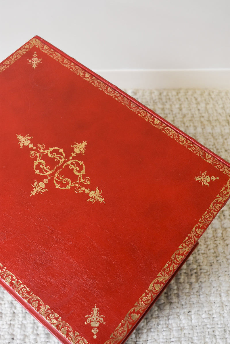 Vintage Italian Red Leather Embossed Book Box Side Table