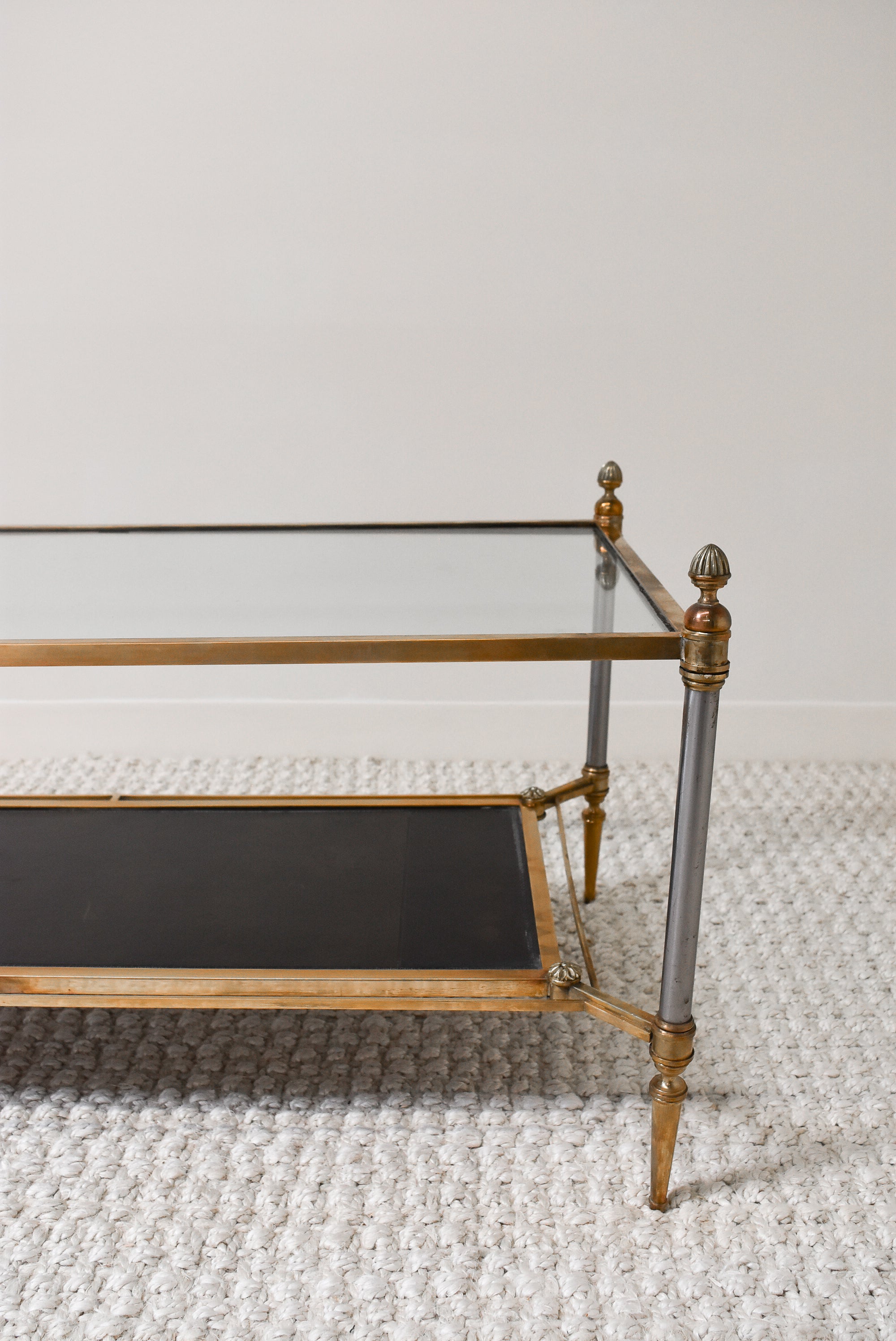 Maison Jansen Brass, Bronze, Steele, and Leather Two Tiered Coffee Table