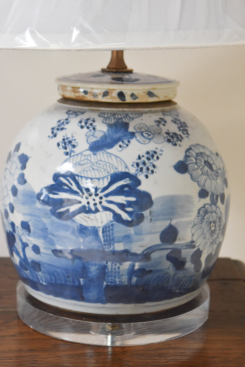 Blue & White Jar Lamp with Floral Motif