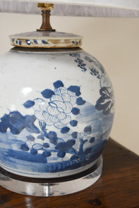 Blue & White Jar Lamp with Floral Motif
