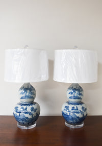 Pair of Blue & White Double Goard Canton Lamps