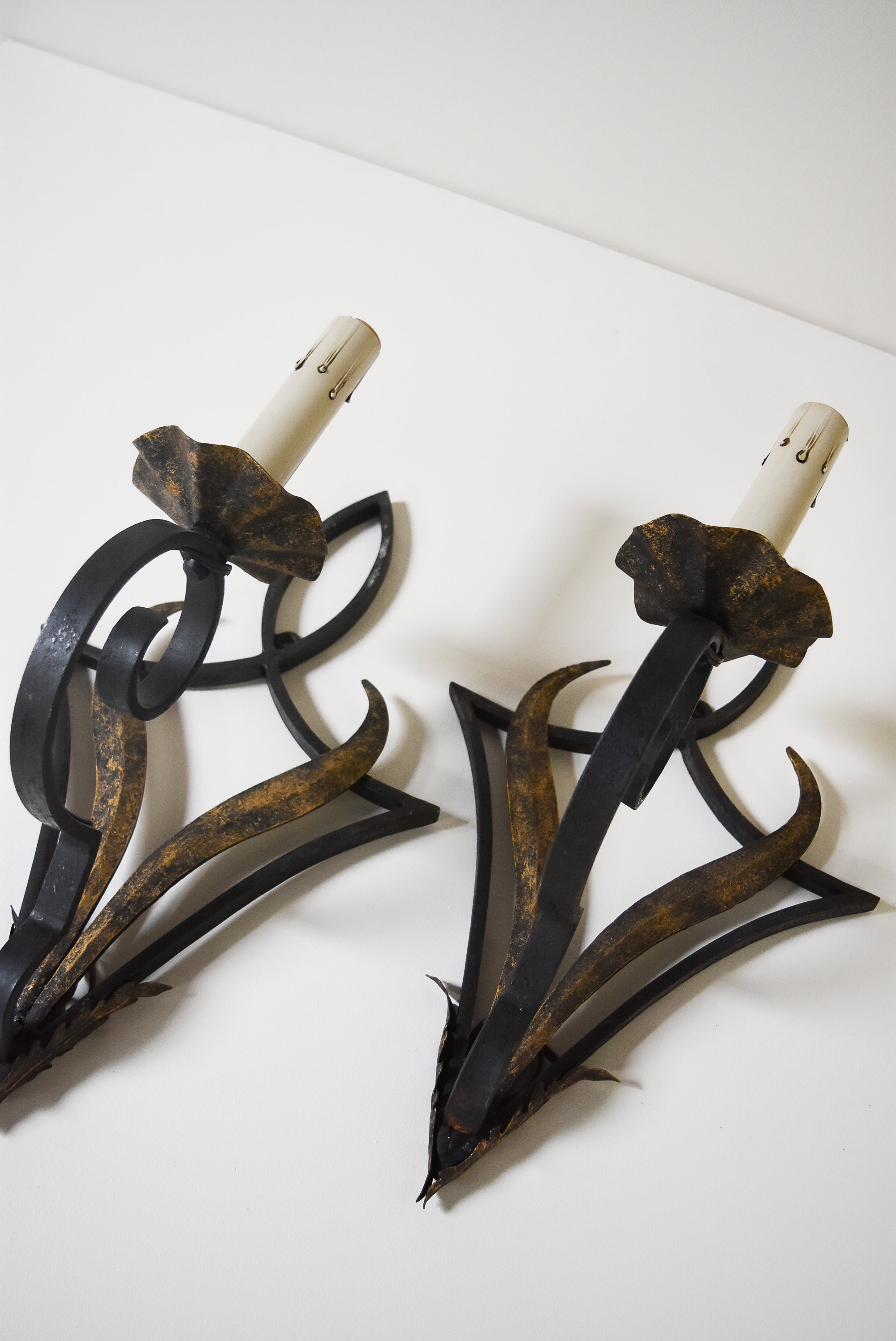 Pair of French Iron Sconces with Geometric Motif